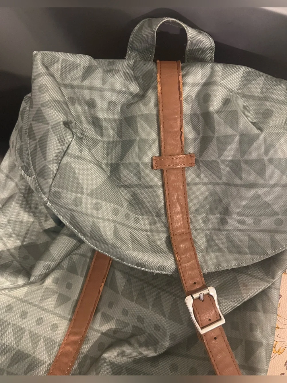 Herschel Supply Company Geometric Sage Green Rolltop Backpack with Brown Strap